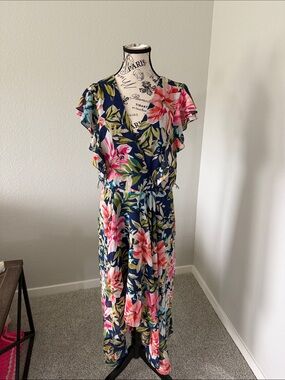 Tommy Bahama Navy Floral Wrap Midi Dress with Pink Hibiscus